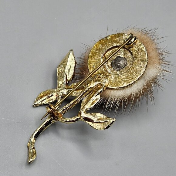 Rose Brooch Mink Fur Gold Tone Flower Long Stem Clear Rose Pin Unmarked Vtg - Picture 8 of 13